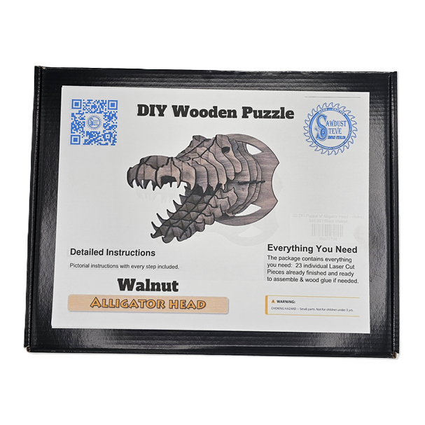 3D DIY Puzzel of Alligator Head - Walnut, Unpainted with Paint Kit or Colored Basswood