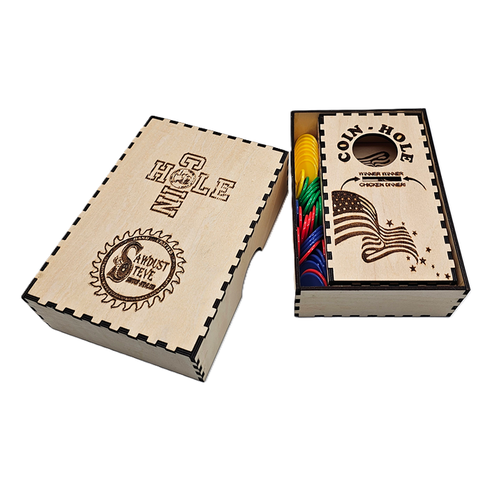 Coin Hole Tabletop Game with Hardwood Box & 4 sets of 8 Game Pieces