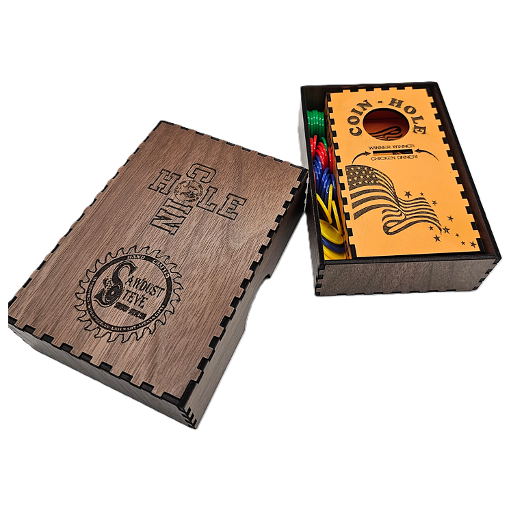 Coin Hole Tabletop Game with Hardwood Box & 4 sets of 8 Game Pieces