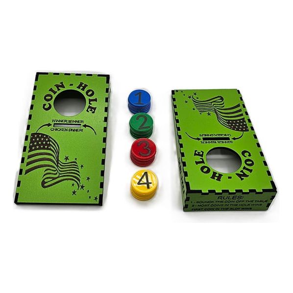 Coin Hole Tabletop Game with Hardwood Box & 4 sets of 8 Game Pieces