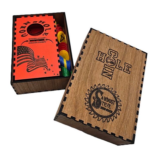Coin Hole Tabletop Game with Hardwood Box & 4 sets of 8 Game Pieces
