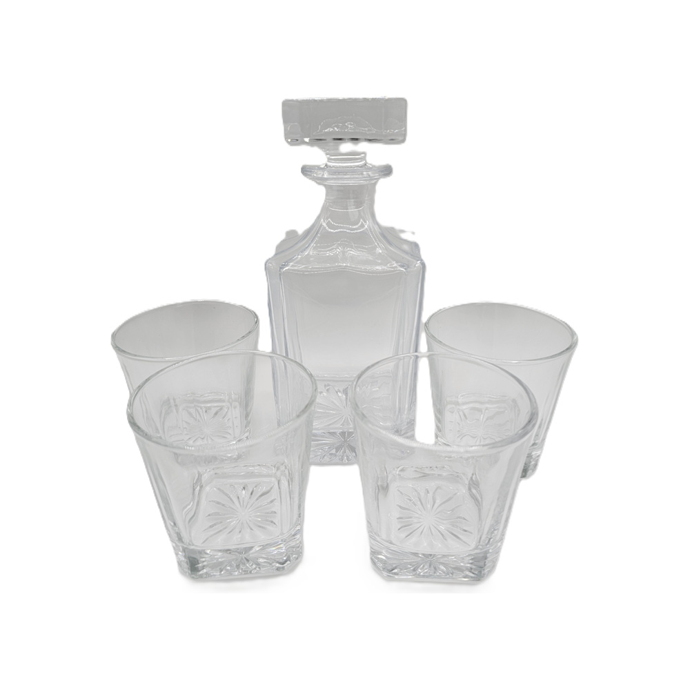Personalized Whiskey Decanter Set - Square 750ML Decanter & Four Whiskey Rock Glasses