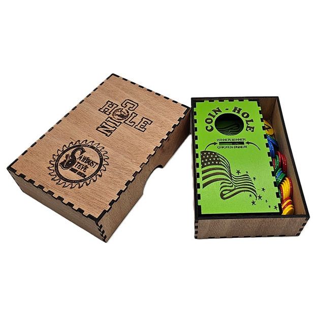 Coin Hole Tabletop Game with Hardwood Box & 4 sets of 8 Game Pieces