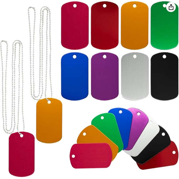 Set of 4 MultiColored Personalized Aluminum Name/Dog Tags Sawdust